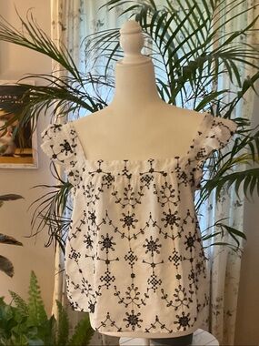 LOFT White Off/On Shoulder Cotton Top with Black Floral Embroidery